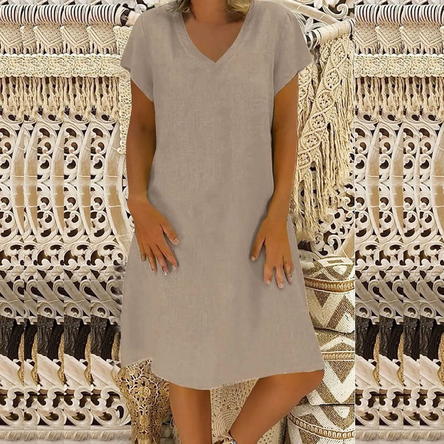 hlysgo Womens Cotton Linen Dress Casual Loose Fit Short Sleeve V Neck Mini Dress Summer Knee Length Beach Dress for Ladies