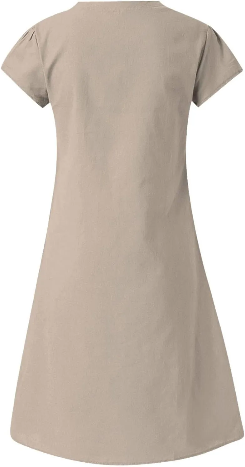 hlysgo Womens Cotton Linen Dress Casual Loose Fit Short Sleeve V Neck Mini Dress Summer Knee Length Beach Dress for Ladies