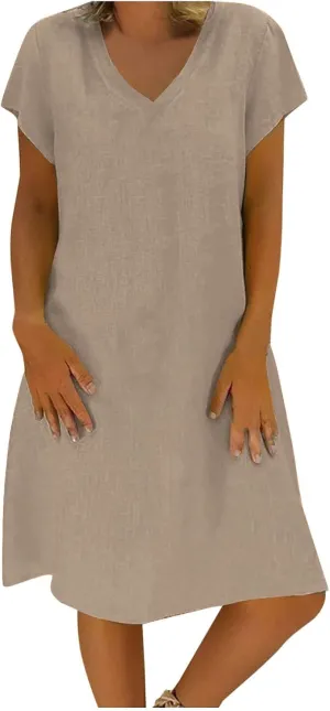 hlysgo Womens Cotton Linen Dress Casual Loose Fit Short Sleeve V Neck Mini Dress Summer Knee Length Beach Dress for Ladies