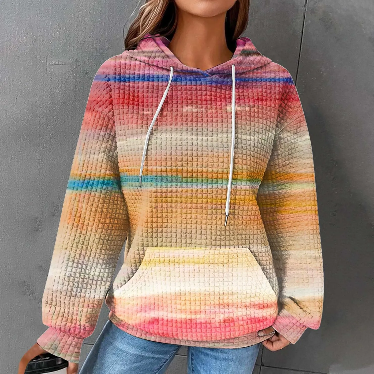 Hoodies for Women Waffle Knit Tops for Women Oversized Waffle Knit Shirt Hoodies for Women with Pocket Fall Sweatshirt 2024