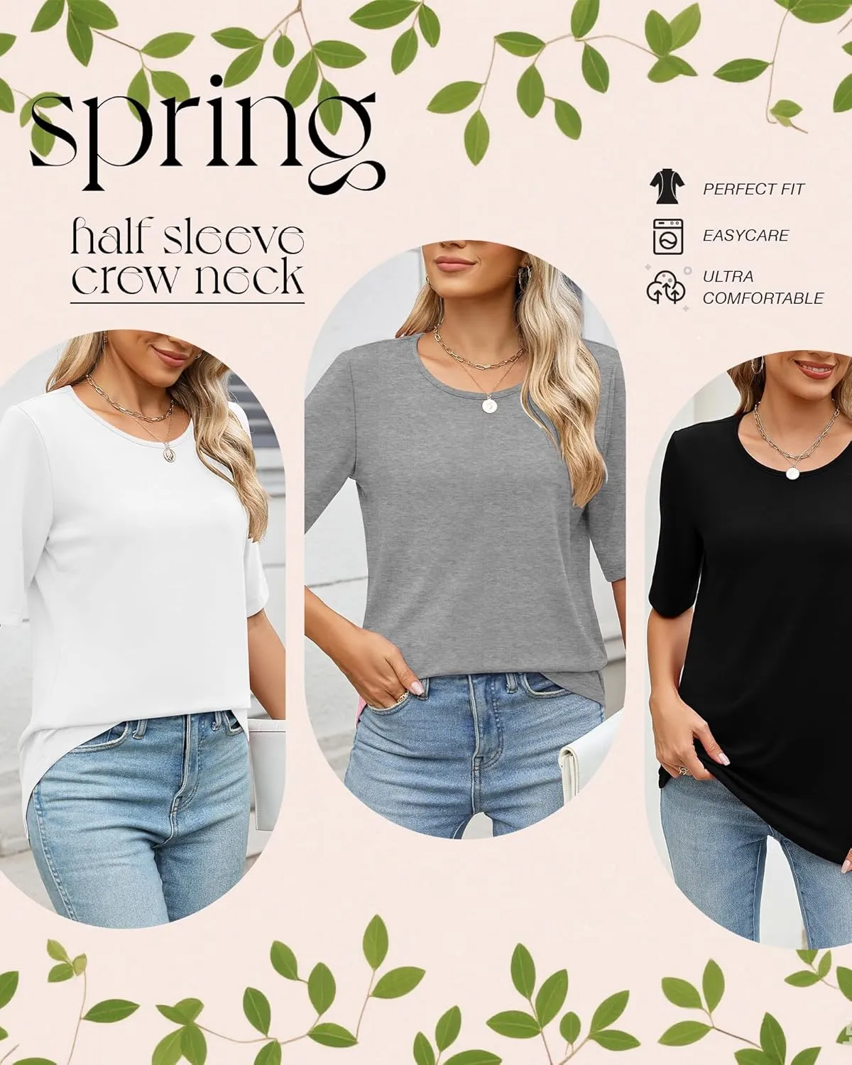 Huukeay 3 Pcs Womens Half Sleeve Top Elbow Length T Shirt Women Round Neck Basic T Shirt Summer Casual Blouses