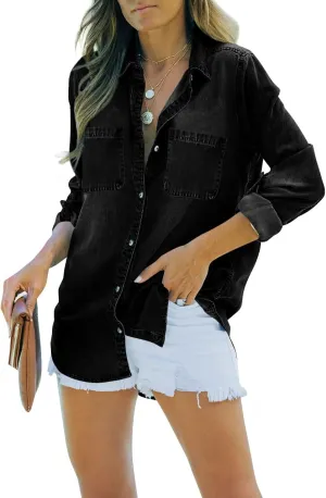 imesrun Womens Button Down Denim Shirt Chambray Casual Long Sleeve Collared Boyfriend Jean Jacket Shacket with Pockets