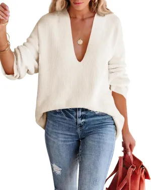 Imily Bela Womens Oversized Deep V Neck Sweaters Sexy Long Sleeve Tunic Sweater Knitted Dressy Pullover Jumper