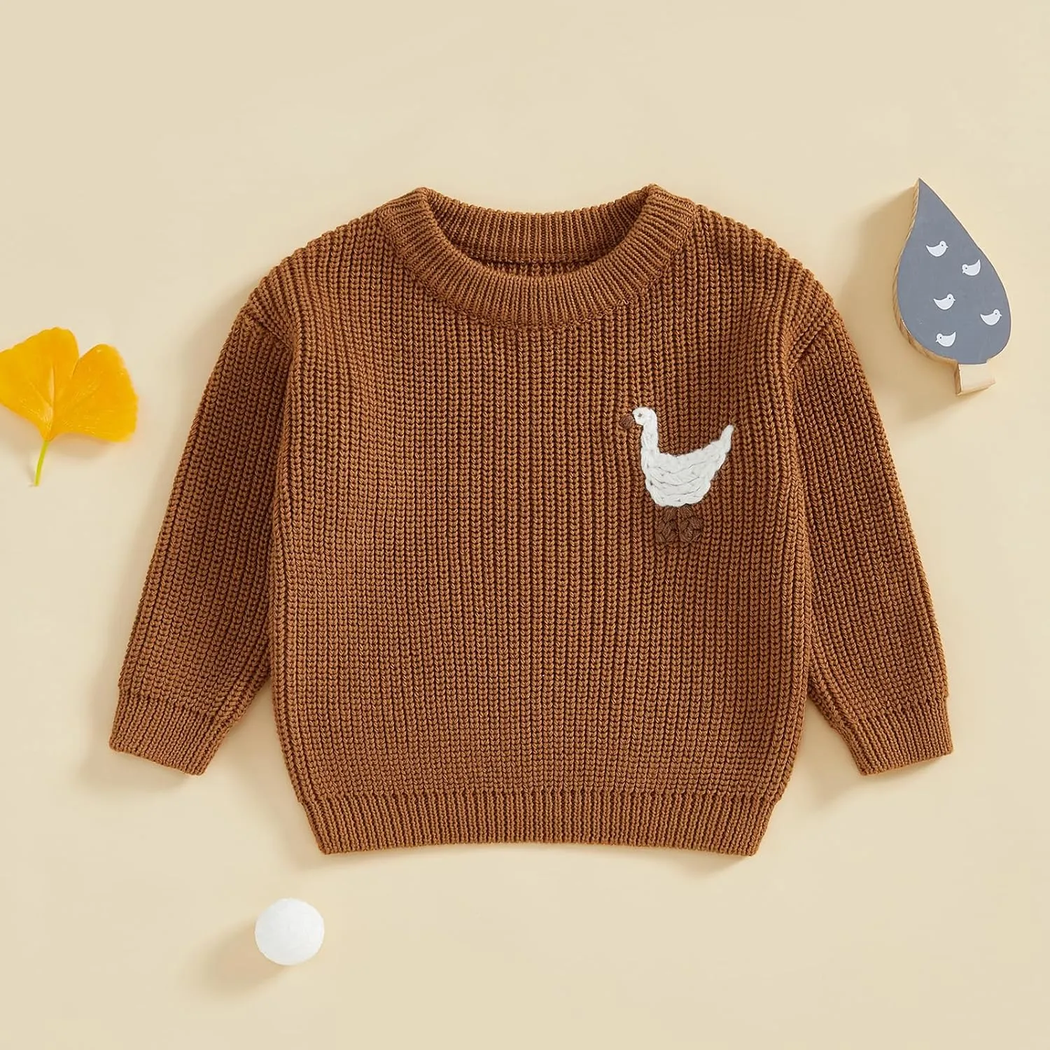 Infant Baby Boy Girl Knit Sweater Rooster Goose Embroidery Crew Neck Long Sleeve Pullover Knit Shirt Winter Clothes