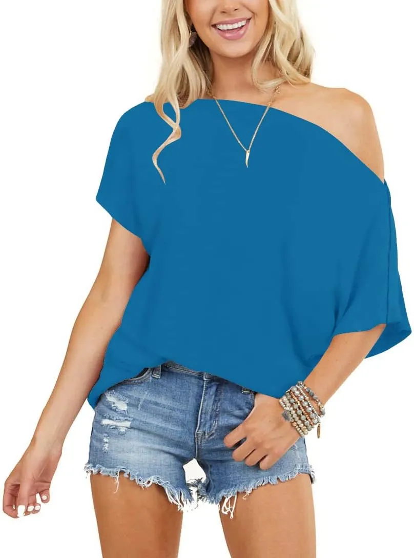 INFITTY Women's Off Shoulder Tops Short Sleeve Casual Loose Batwing Shirts Oversized Blouse Tunic