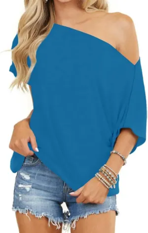 INFITTY Women's Off Shoulder Tops Short Sleeve Casual Loose Batwing Shirts Oversized Blouse Tunic