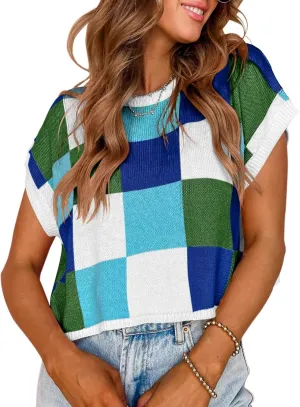 IRISGOD Womens Cap Sleeve Knit Tops Summer Short Sleeve Sweater Vest Color Block Crop T-Shirts