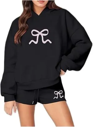 iTranyee Women Casual 2 Piece Sweatsuit Long Sleeve Oversized Bow Hoodie Sweatshirt Sweat Shorts Outfits Bow Matching Set