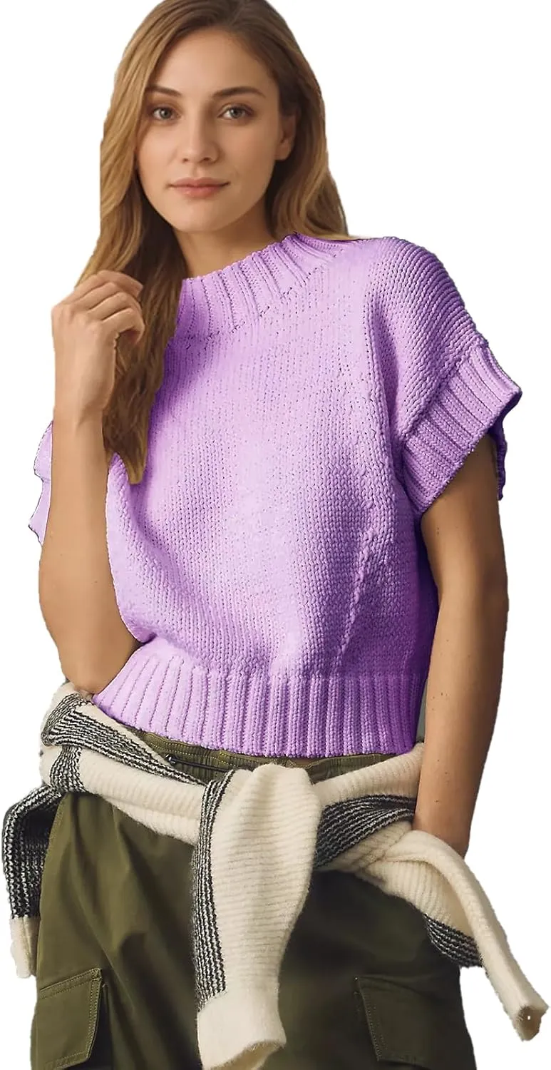 Jenkoon Women's Ultra Soft Fashion Sweater Vest Mock-Neck Extended Shoulder Sweater Vest Cap Sleeve Knit Pullover