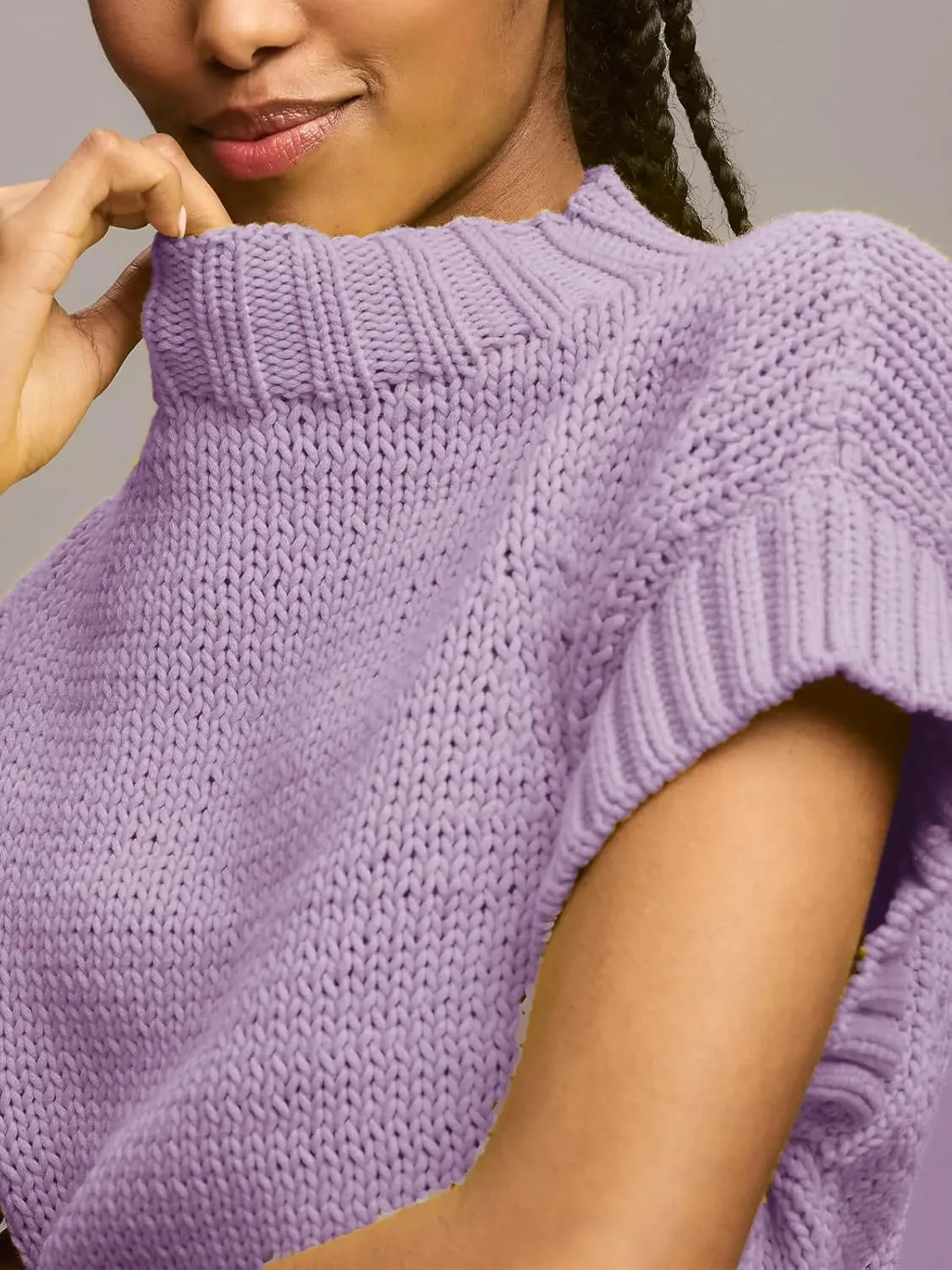 Jenkoon Women's Ultra Soft Fashion Sweater Vest Mock-Neck Extended Shoulder Sweater Vest Cap Sleeve Knit Pullover