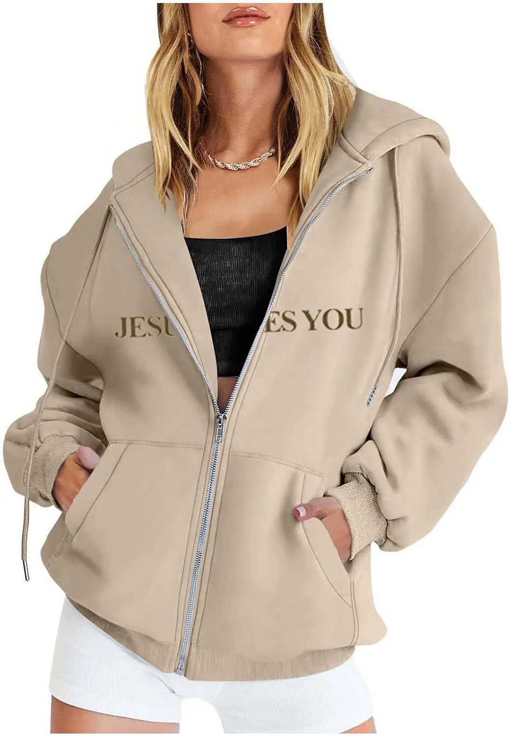 Jesus Loves You Zip Up Christian Hoodies for Women Bible Verse Oversized Long Sleeve Pockets Drawstring Sweatshirts