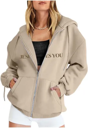 Jesus Loves You Zip Up Christian Hoodies for Women Bible Verse Oversized Long Sleeve Pockets Drawstring Sweatshirts
