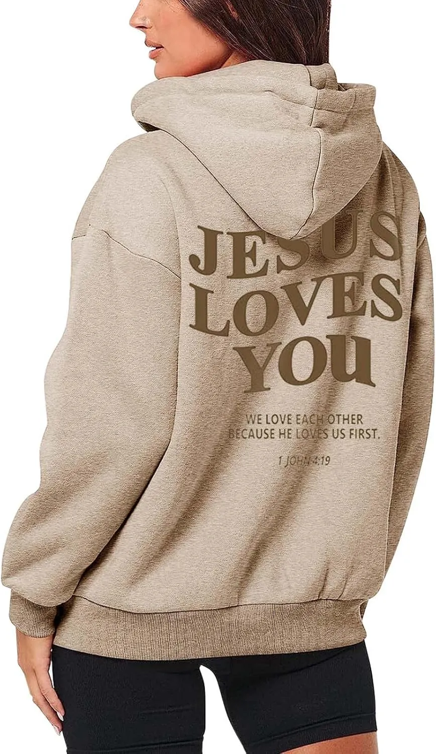 Jesus Loves You Zip Up Christian Hoodies for Women Bible Verse Oversized Long Sleeve Pockets Drawstring Sweatshirts