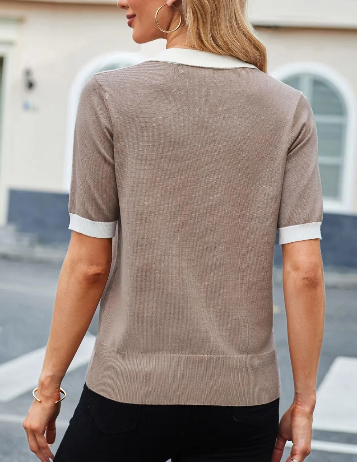 Kate Kasin Women Short Sleeve Polo Sweater V Neck Knitted Tops Casual Ribbed Shirt Loose Pullover Sweater