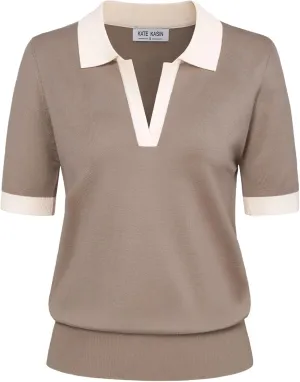 Kate Kasin Women Short Sleeve Polo Sweater V Neck Knitted Tops Casual Ribbed Shirt Loose Pullover Sweater
