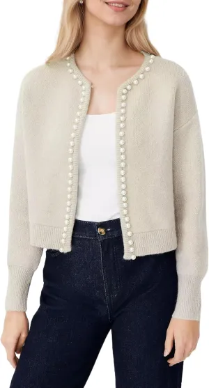 Kedera Women's Open Front Cardigan Sweater Long Sleeve Pearl Trim Cropped Sweater Embellished Knitted Top Trendy 2024