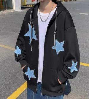 Kelabia Aesthetic Y2K Zip Up Hoodie Vintage Star Patchwork Oversized Hoodie Goth Grunge Clothes Vintage Streetwear Jacket