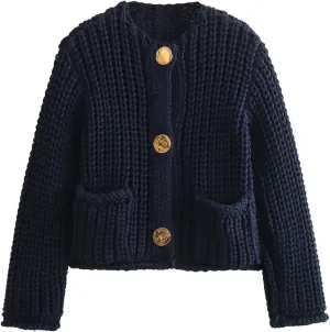 KEOMUD Women Button Down Cardigan Sweater Casual Long Sleeve Crewneck Cropped Chunky Knit Outerwear with Pockets