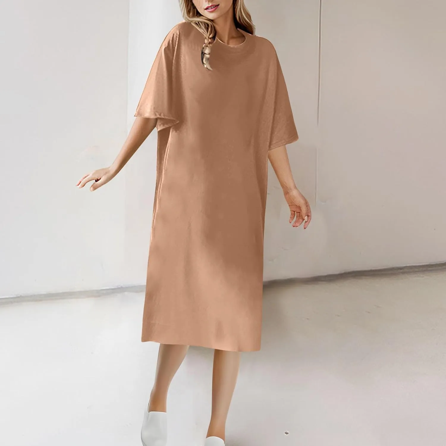 Knee Length T-Shirt Dress for Women Loose Short Sleeve Summer Pullover Dresses Casual Comfy Lounge Tunic Dress