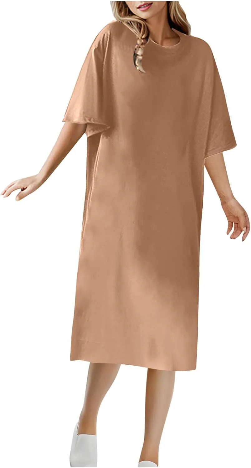 Knee Length T-Shirt Dress for Women Loose Short Sleeve Summer Pullover Dresses Casual Comfy Lounge Tunic Dress