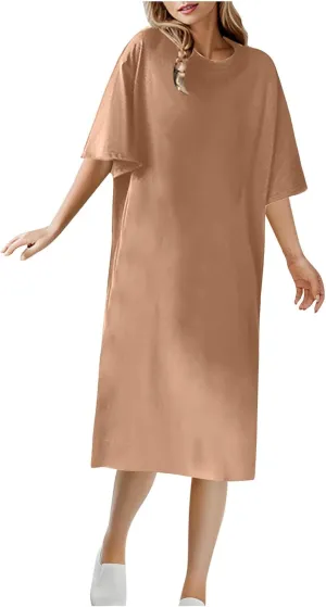 Knee Length T-Shirt Dress for Women Loose Short Sleeve Summer Pullover Dresses Casual Comfy Lounge Tunic Dress