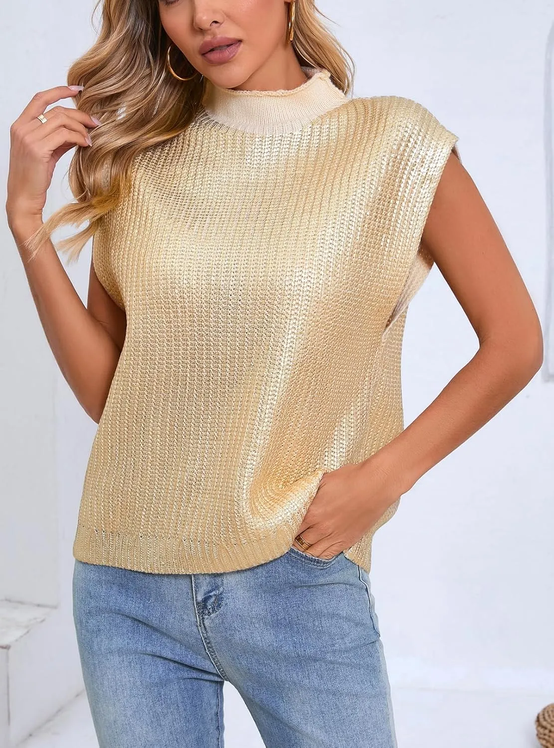 Ladyful Women's Metallic Sweater Vest Cap Sleeve Mock Neck Summer Loose Fit Knit Pullover Tops