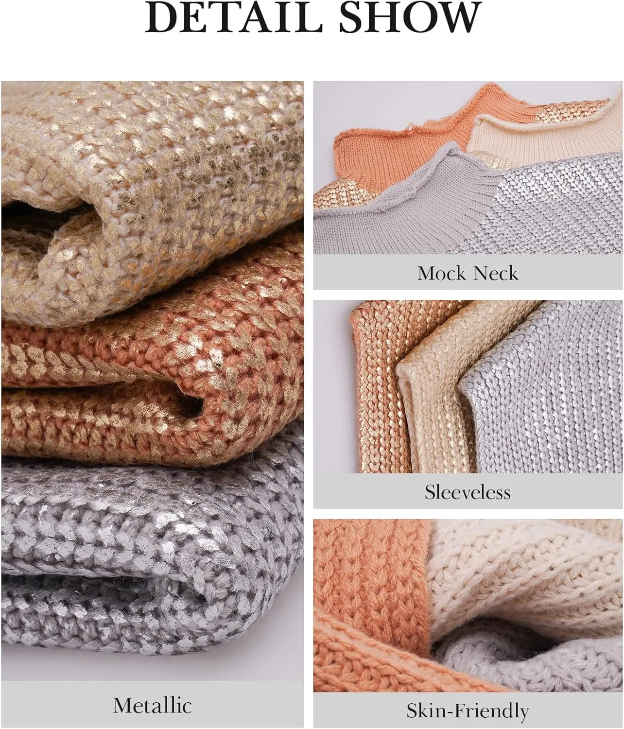 Ladyful Women's Metallic Sweater Vest Cap Sleeve Mock Neck Summer Loose Fit Knit Pullover Tops