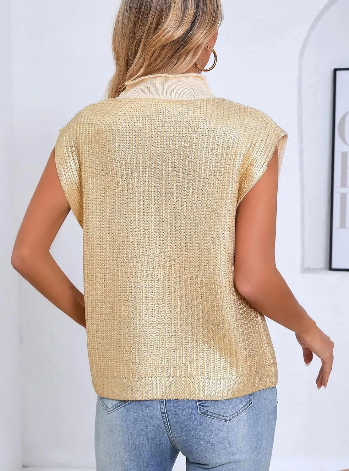 Ladyful Women's Metallic Sweater Vest Cap Sleeve Mock Neck Summer Loose Fit Knit Pullover Tops