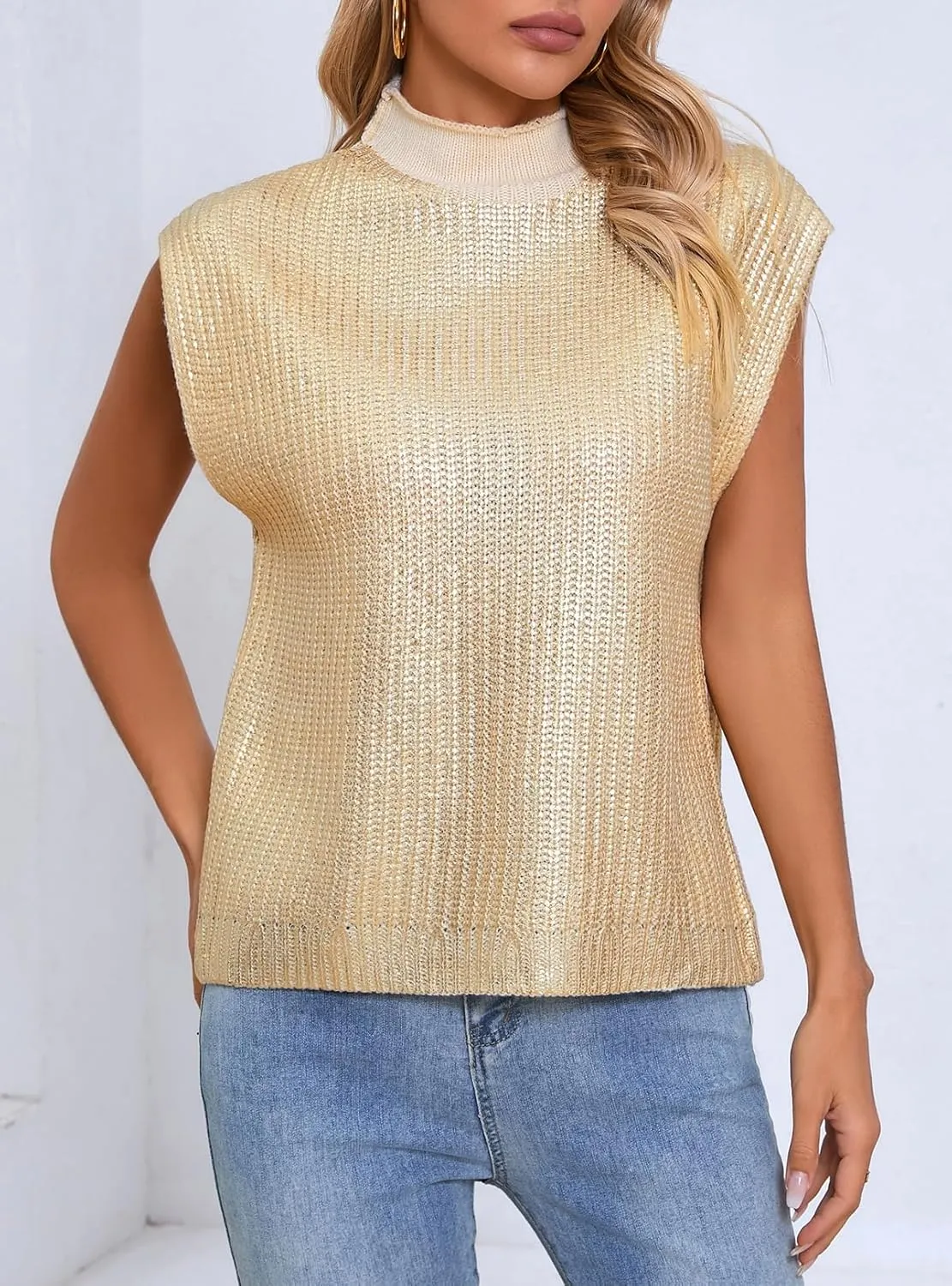 Ladyful Women's Metallic Sweater Vest Cap Sleeve Mock Neck Summer Loose Fit Knit Pullover Tops