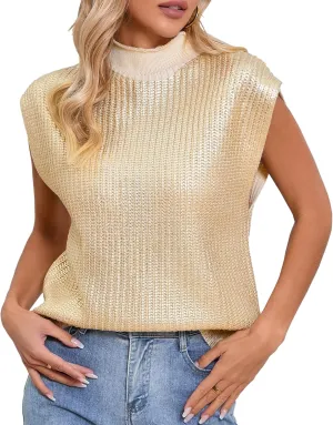 Ladyful Women's Metallic Sweater Vest Cap Sleeve Mock Neck Summer Loose Fit Knit Pullover Tops