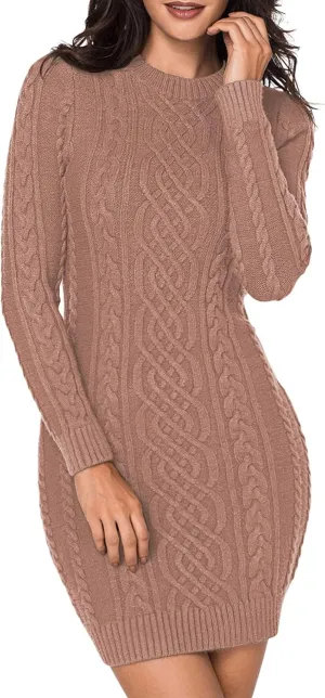 LaSuiveur Women's Bodycon Pullover Mini Sweater Dresses Crew Neck Cable Knit Cocktail Party Dress