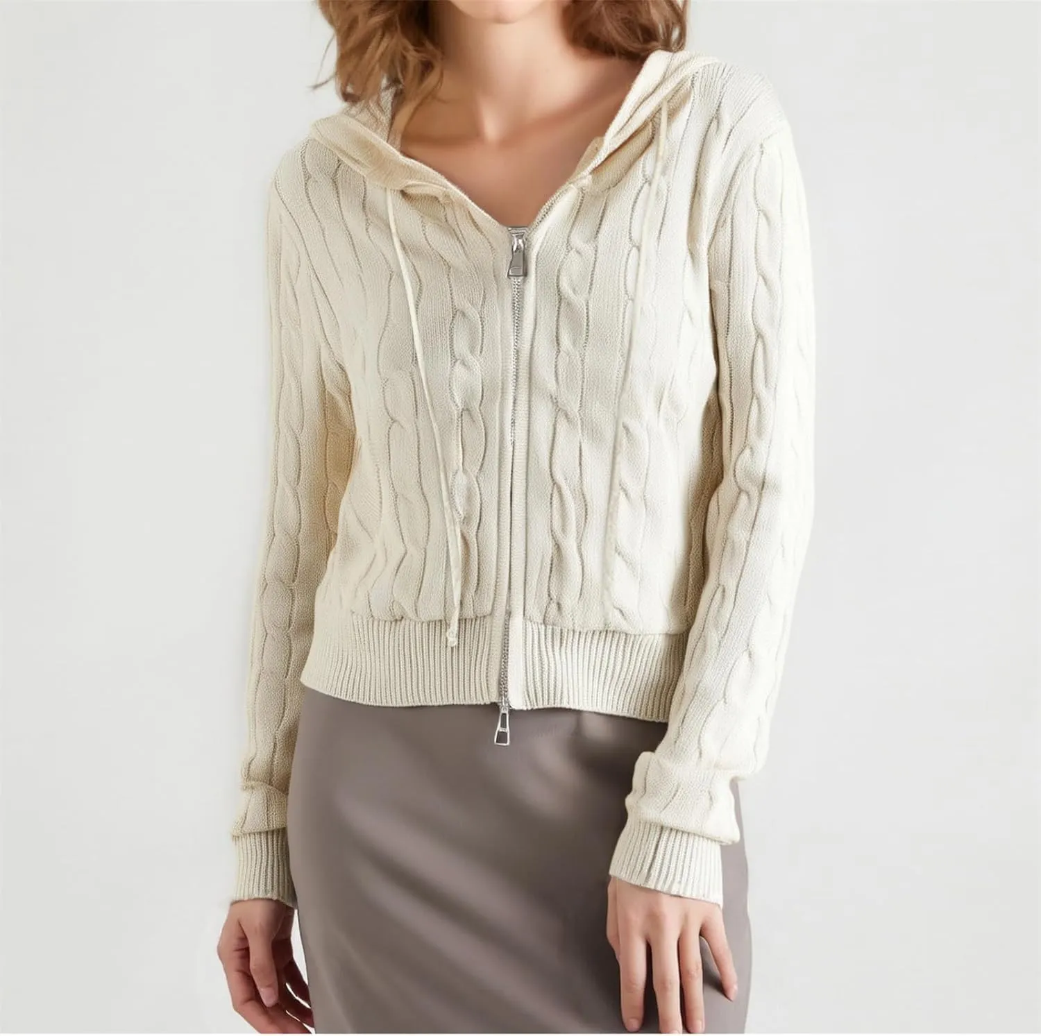 LAVASEON Women's Zip Up Cropped Cardigan Sweater Y2K Cute Long Sleeve Knit Hooded Lightweight Sweaters Jacket