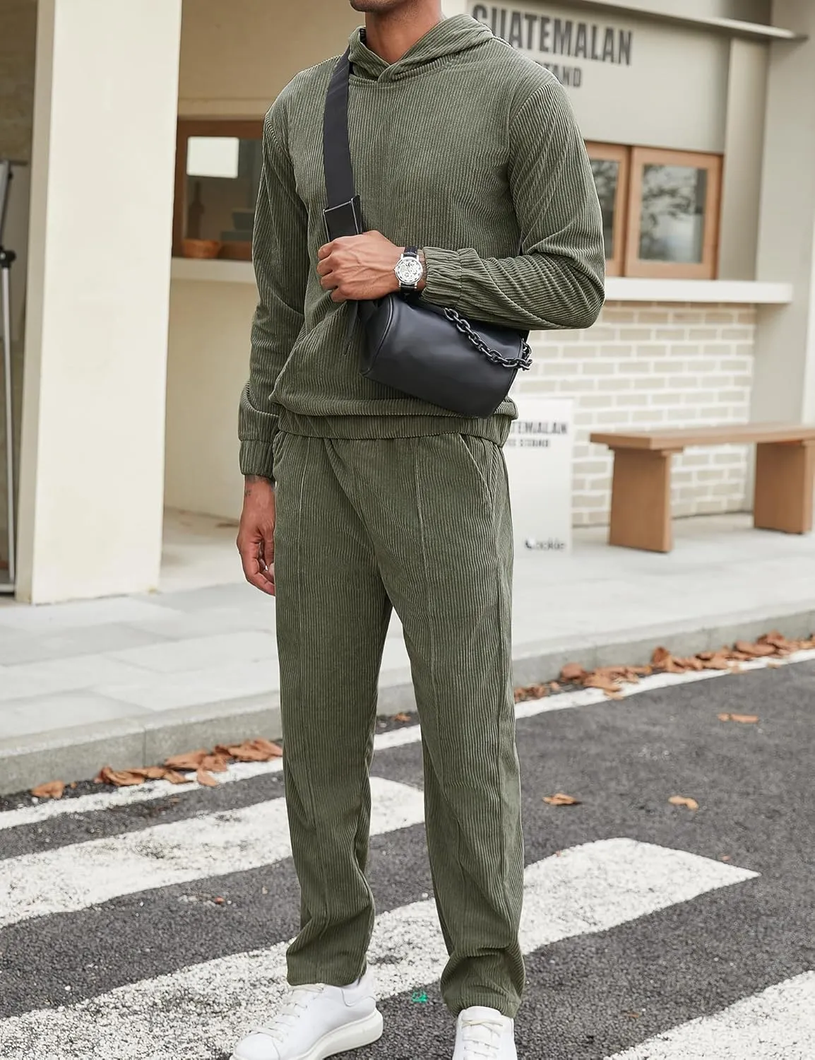 LecGee Men's 2 Piece Corduroy Hoodie and Pants Outfits Long Sleeve Causal Autumn Winter Hoodie Tracksuit Sweatsuit Set