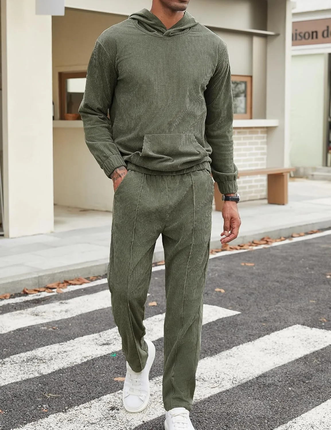 LecGee Men's 2 Piece Corduroy Hoodie and Pants Outfits Long Sleeve Causal Autumn Winter Hoodie Tracksuit Sweatsuit Set