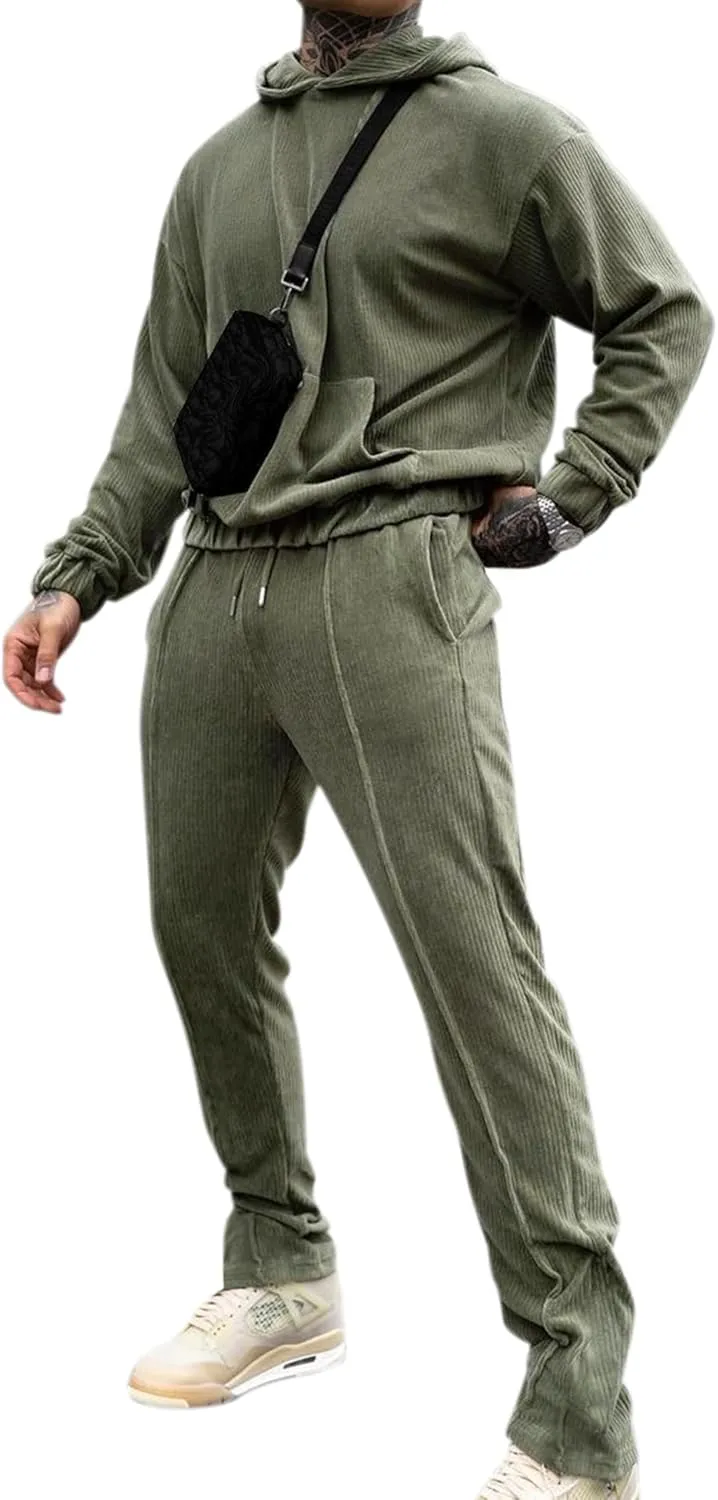 LecGee Men's 2 Piece Corduroy Hoodie and Pants Outfits Long Sleeve Causal Autumn Winter Hoodie Tracksuit Sweatsuit Set