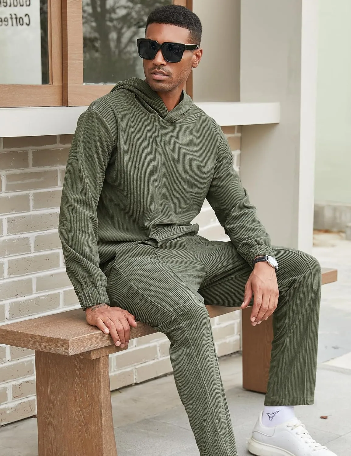 LecGee Men's 2 Piece Corduroy Hoodie and Pants Outfits Long Sleeve Causal Autumn Winter Hoodie Tracksuit Sweatsuit Set