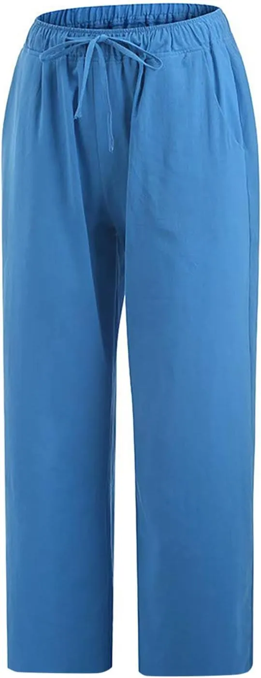 Linen Capris Pants for Women Summer Drawstring Elastic High Waist Linen Pant Straight Wide Leg Cropped Trouser Pants