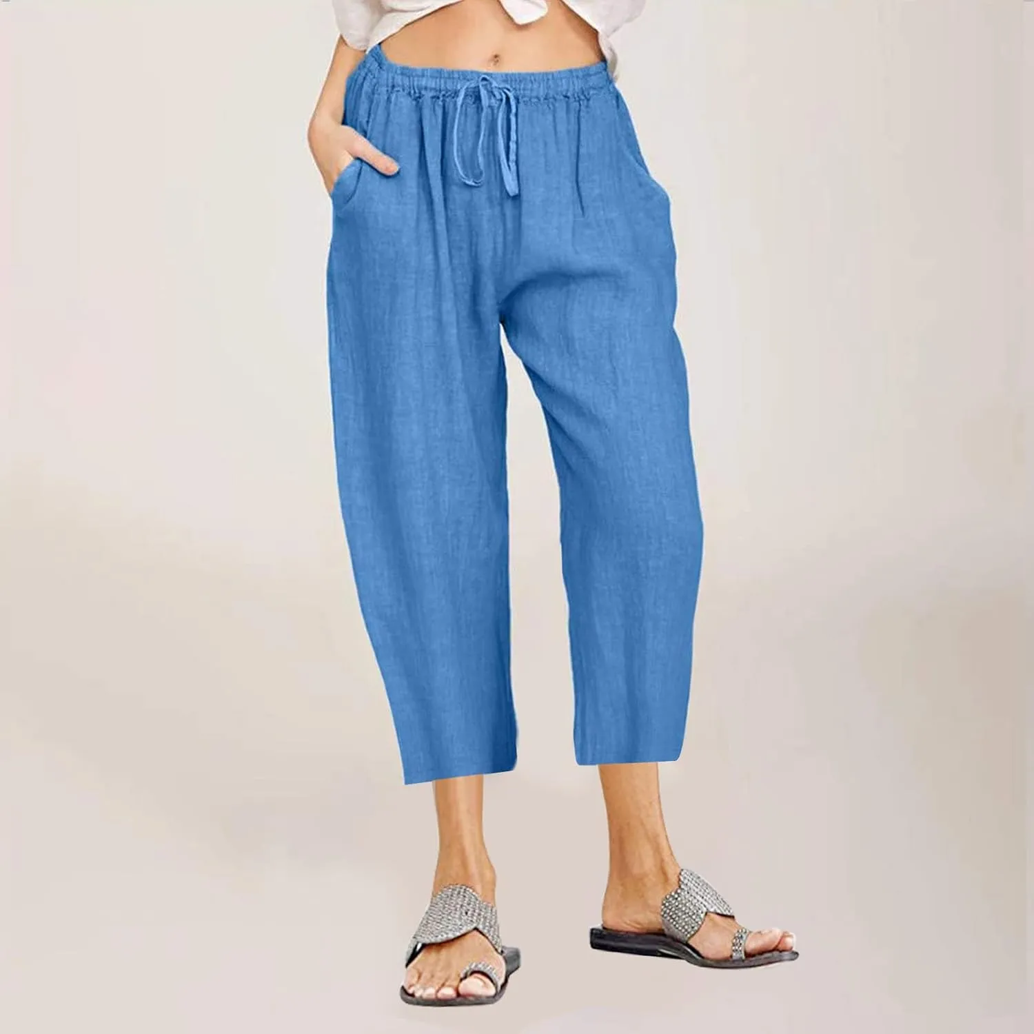 Linen Capris Pants for Women Summer Drawstring Elastic High Waist Linen Pant Straight Wide Leg Cropped Trouser Pants