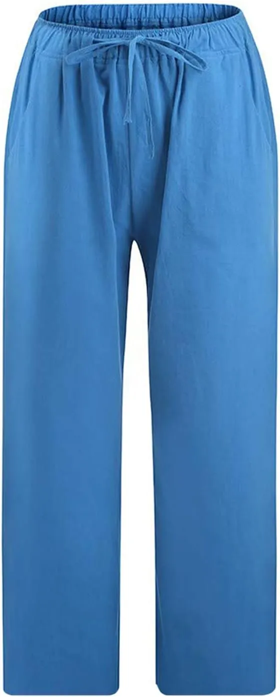 Linen Capris Pants for Women Summer Drawstring Elastic High Waist Linen Pant Straight Wide Leg Cropped Trouser Pants