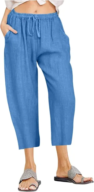 Linen Capris Pants for Women Summer Drawstring Elastic High Waist Linen Pant Straight Wide Leg Cropped Trouser Pants