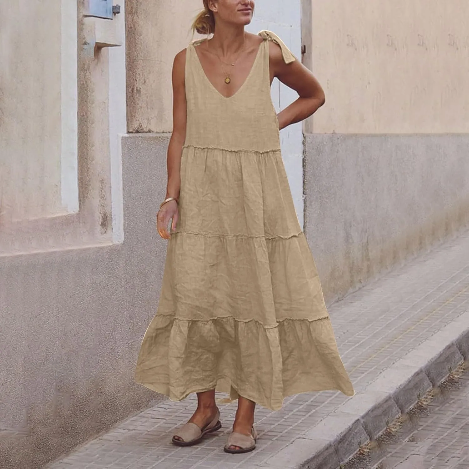 Linen Dress Women V Neck Tie Shoulder Backless Maxi Dress Casual Summer Tiered Flowy Boho Beach Vacation Sun Dresses