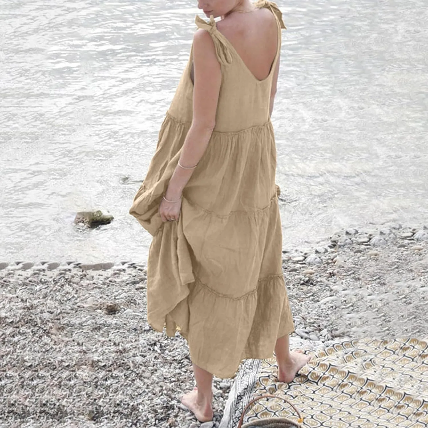 Linen Dress Women V Neck Tie Shoulder Backless Maxi Dress Casual Summer Tiered Flowy Boho Beach Vacation Sun Dresses