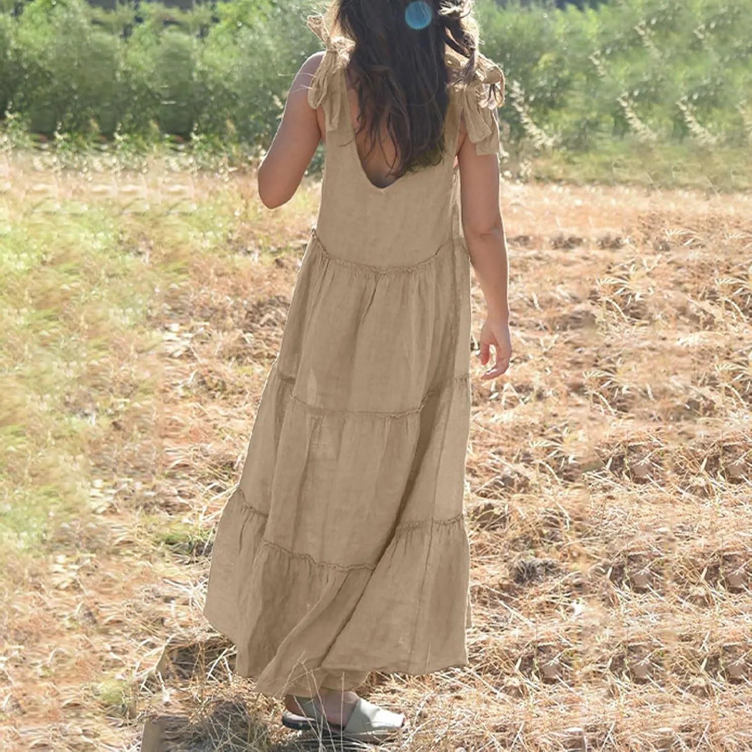 Linen Dress Women V Neck Tie Shoulder Backless Maxi Dress Casual Summer Tiered Flowy Boho Beach Vacation Sun Dresses