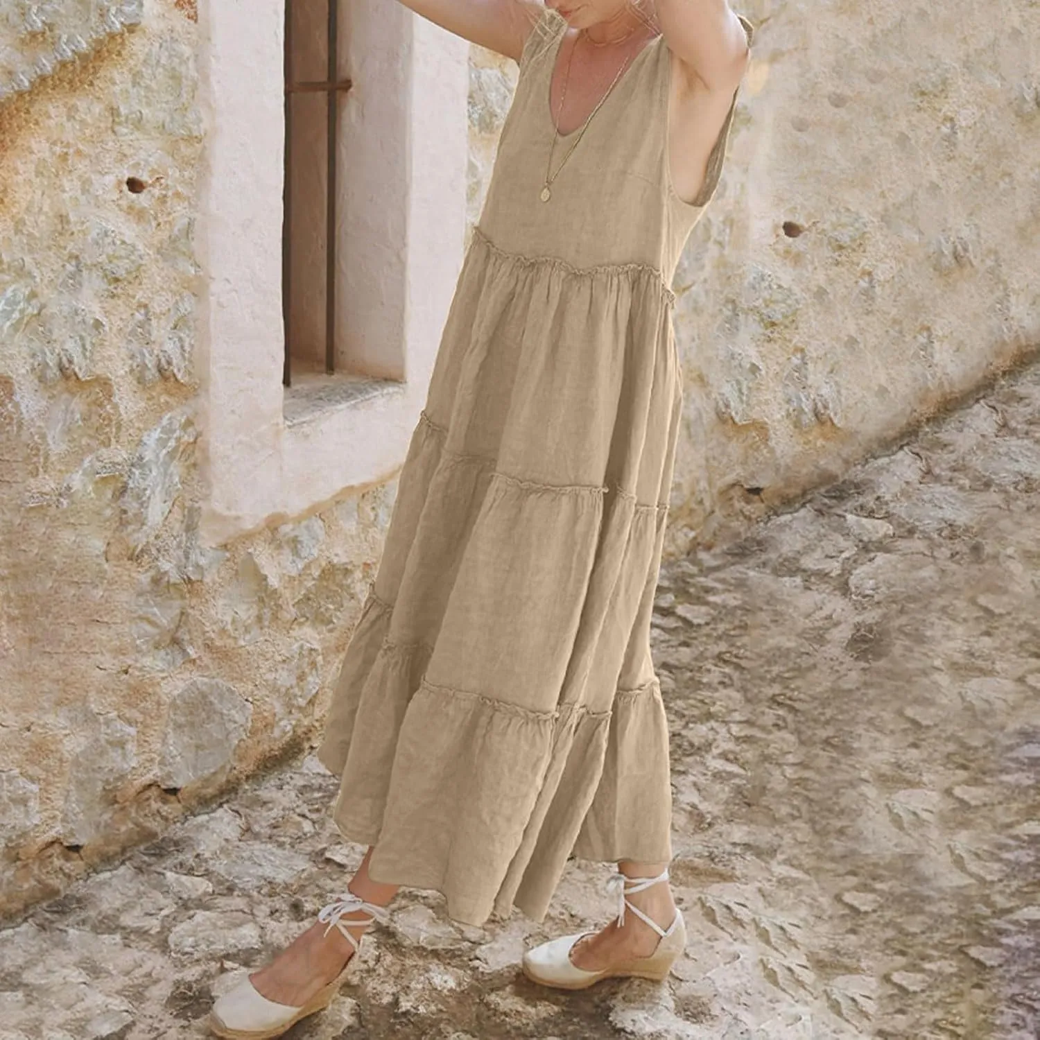 Linen Dress Women V Neck Tie Shoulder Backless Maxi Dress Casual Summer Tiered Flowy Boho Beach Vacation Sun Dresses
