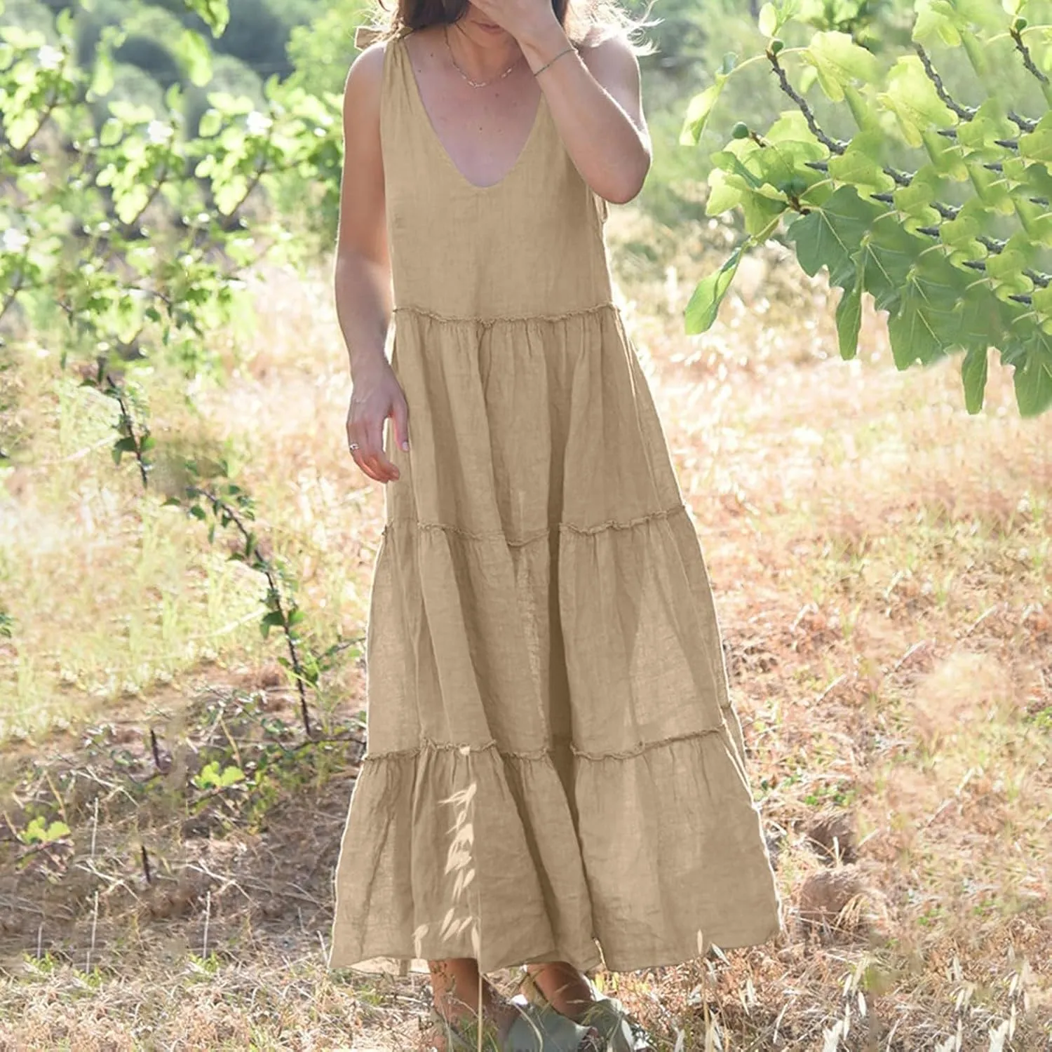 Linen Dress Women V Neck Tie Shoulder Backless Maxi Dress Casual Summer Tiered Flowy Boho Beach Vacation Sun Dresses