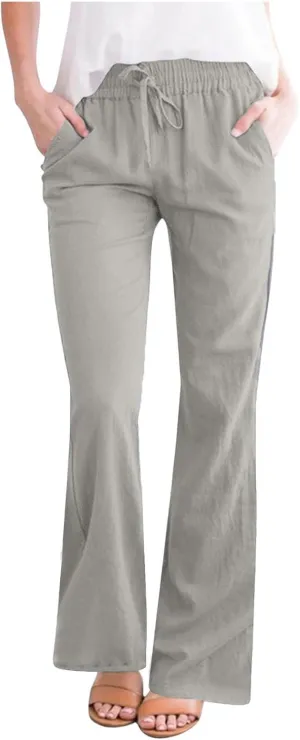 Linen Pants Women Casual Linen High Waist Pants Vacation Travel Pants Drawstring Loose Summer Trousers with Pockets