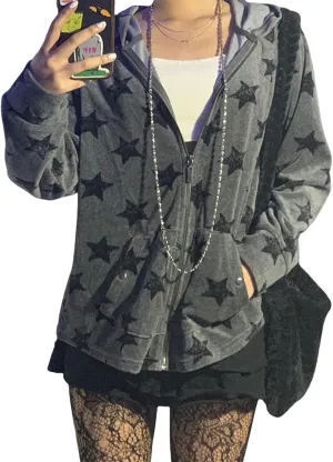 lisenraIn Women Teen Girls Star Pattern Zip Up Hoodie Y2K Vintage Oversized Sweatshirt Spring Fall Aesthetic Trendy Jacket