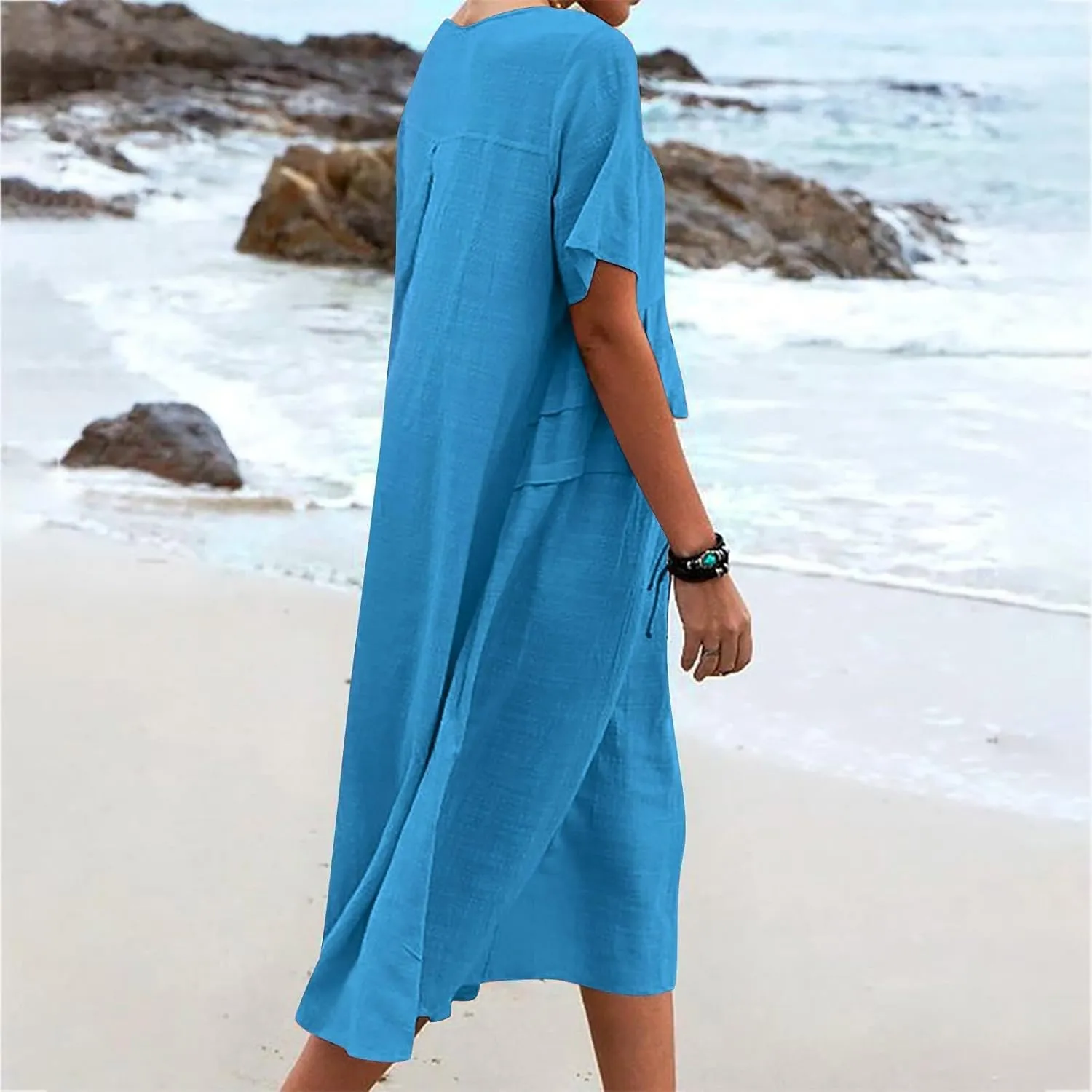 Long Dress for Women Cotton Linen Boho Flwoy Maxi Dress Short Sleeve Crewneck Loose Casual Beach Summer Sundress