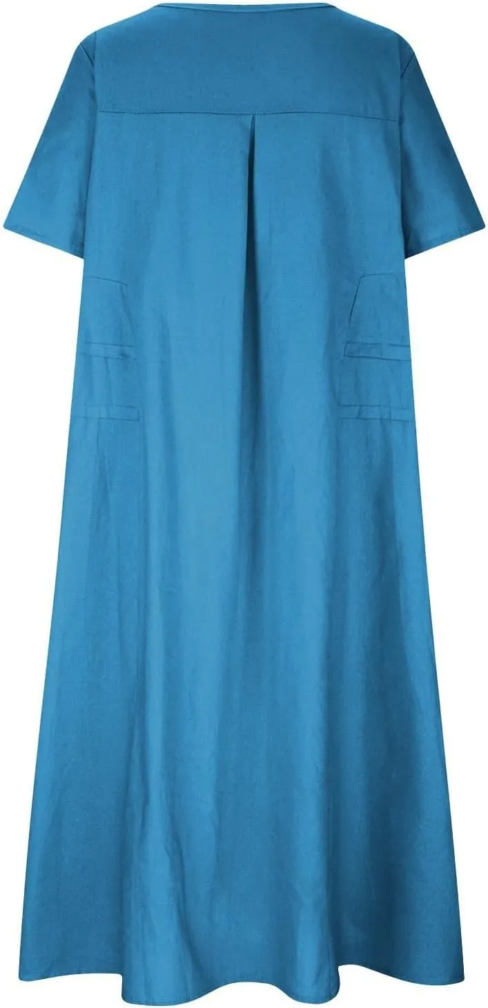 Long Dress for Women Cotton Linen Boho Flwoy Maxi Dress Short Sleeve Crewneck Loose Casual Beach Summer Sundress