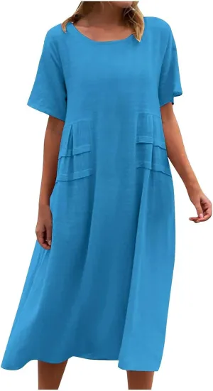 Long Dress for Women Cotton Linen Boho Flwoy Maxi Dress Short Sleeve Crewneck Loose Casual Beach Summer Sundress